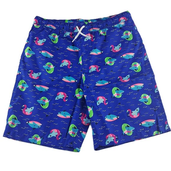 Lands' End Printed Swim Trunks Boys Size XL Husky Electric Blue Funny Sharks - Picture 1 of 9